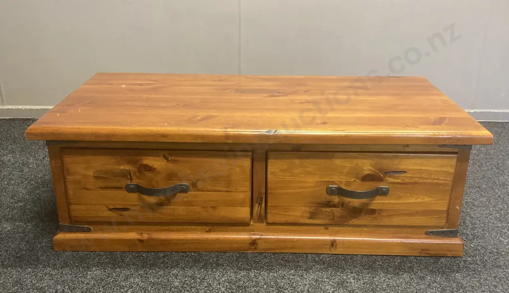 Pine Coffee Table, 2 Drawers With Access Both Sides, Steel Handles & Steel Straps On Corners. H40 W127 D70cm Image 1++